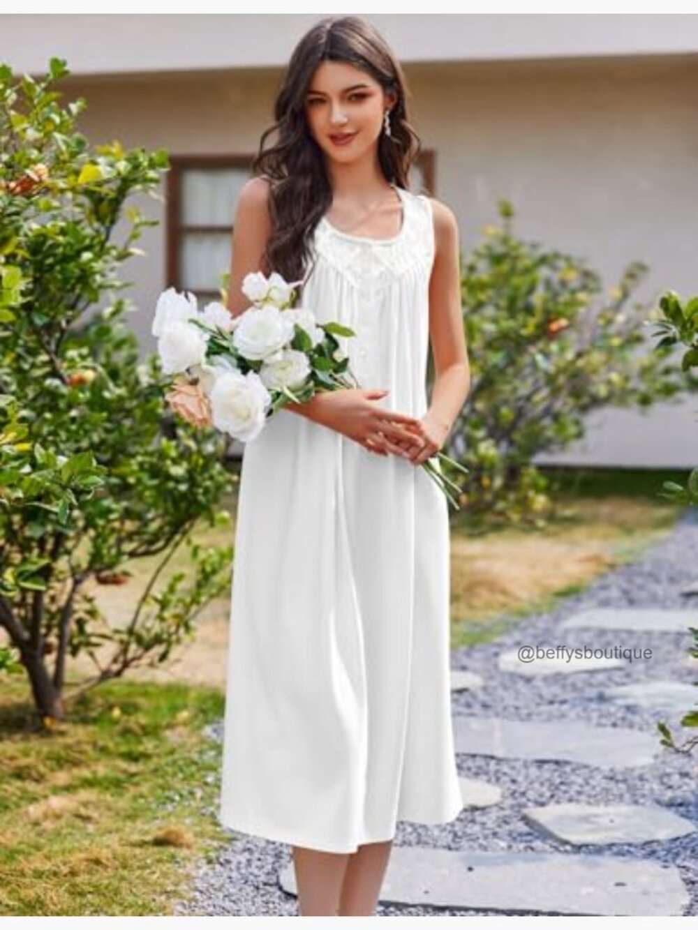 Women's Cotton Sleeveless Nightgown Victorian Sleep Dress Lounge Wear - Picture 4 of 7